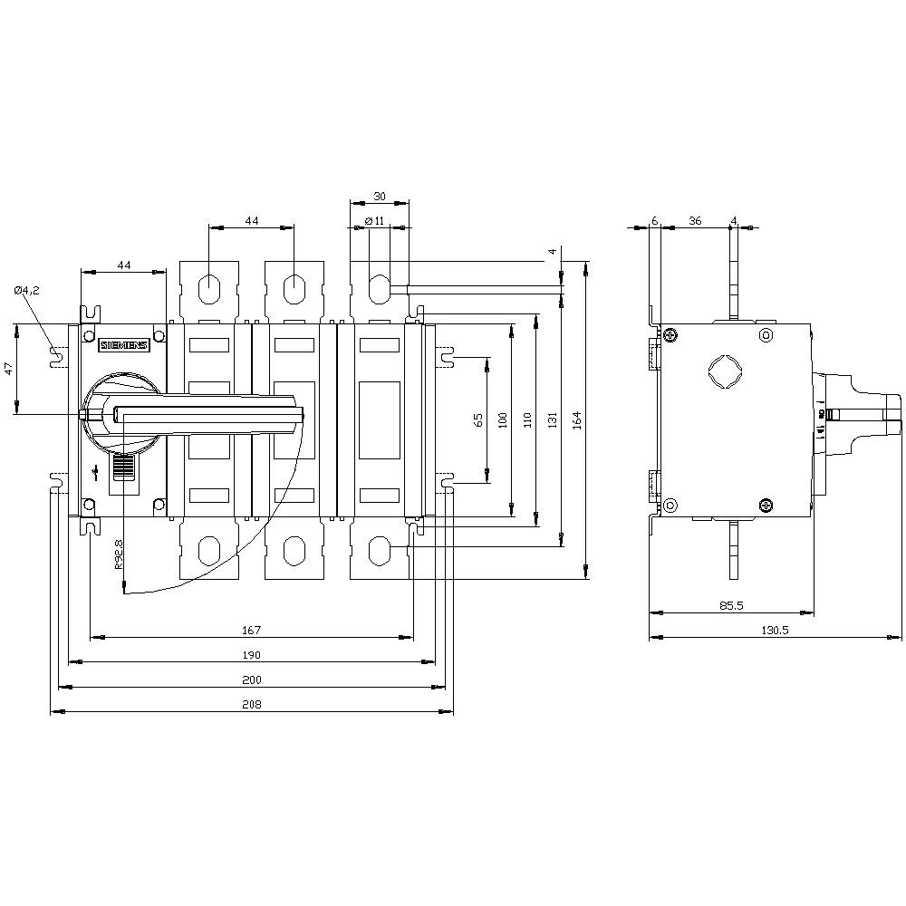 Dessin technique d'un interrupteur électrique avec dimensions en millimètres. Présente les vues latérale et frontale de l'appareil.