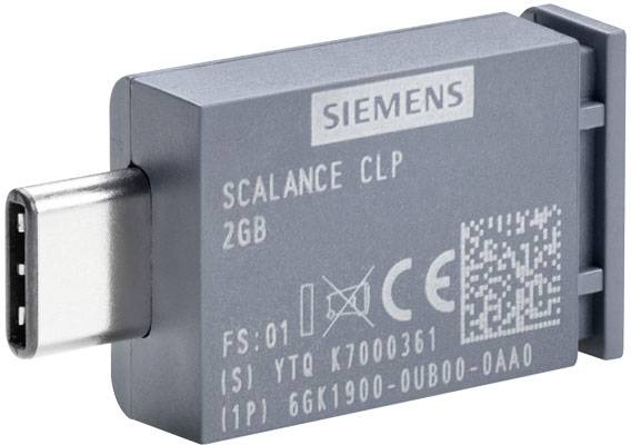 Un 'Siemens Scalance CLP 2 Go', une clé USB-C avec un code QR, un numéro de série et des spécifications techniques sur un boîtier gris.