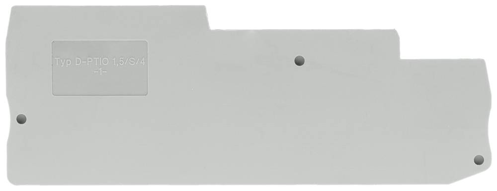 Pièce en plastique grise, rectangulaire, comportant plusieurs trous et portant l'inscription « Type D-PT10 15/S/4 ».