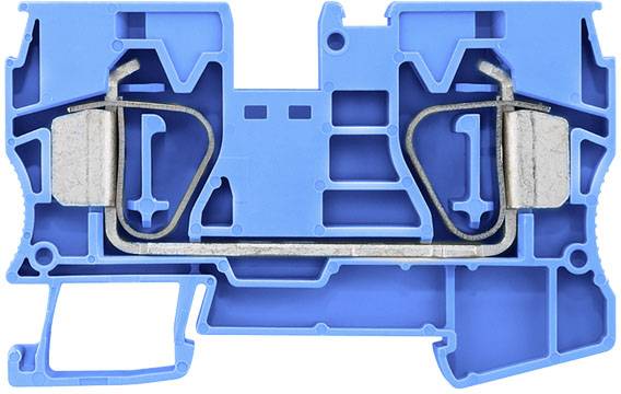Un boîtier de connexion bleu avec des connexions métalliques internes et des cavités, probablement utilisé pour connecter des câbles électriques dans un panneau de distribution.