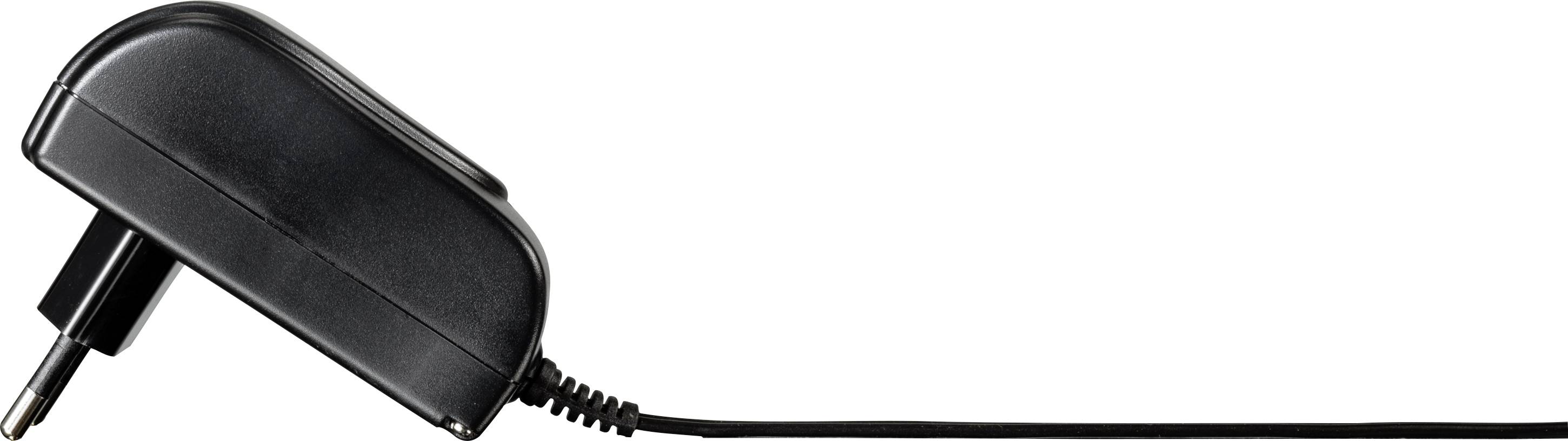 Un adaptateur secteur noir avec une fiche européenne et un long câble, posé sur le côté.