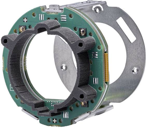 Composant électronique avec circuit imprimé vert et boîtier métallique. Le premier plan présente des connexions et des contacts.