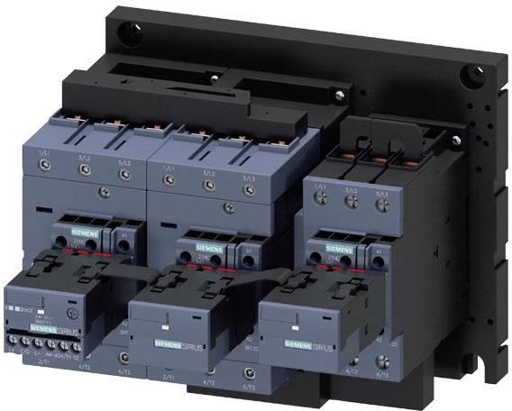 Un dispositif électrique noir et bleu avec plusieurs composants de commutation et le logo Siemens, monté sur une plaque.