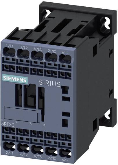 Un contacteur Siemens SIRIUS noir, modèle 3RT20, avec plusieurs bornes de connexion, monté pour des commandes électriques.