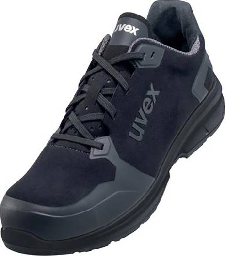 Chaussure de sécurité noire avec des accents gris et des lacets, de la marque 'uvex', conçue pour une utilisation dans des environnements industriels.