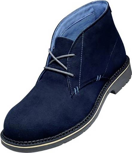 Une bottine à lacets bleu foncé avec doublure intérieure bleu clair et semelle noire, représentée sur un fond blanc.
