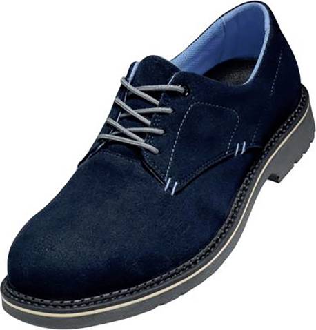 Chaussure pour homme en daim bleu foncé avec un rembourrage intérieur bleu, des lacets gris et une semelle en caoutchouc robuste.