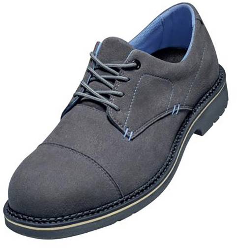 Chaussure pour homme grise avec garniture intérieure bleue et coutures bleues, vue de côté. Design classique, idéale pour les occasions formelles.