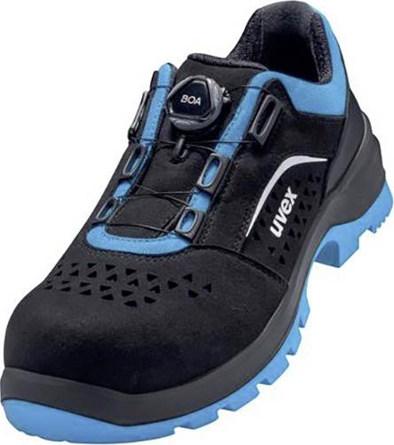 Chaussure de sécurité noire avec des touches bleues et fermoir rotatif pour un ajustement personnalisé. Logo de la marque visible sur le côté.