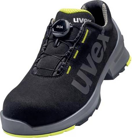Chaussure de sécurité noire avec inscription grise 'uvex' et détails jaunes, équipée d'un système de laçage rapide et d'une semelle épaisse.