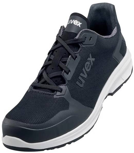 Une chaussure de sport noire avec des accents blancs, portant le nom de marque 'Uvex' sur le côté, adaptée aux activités sportives et aux loisirs.
