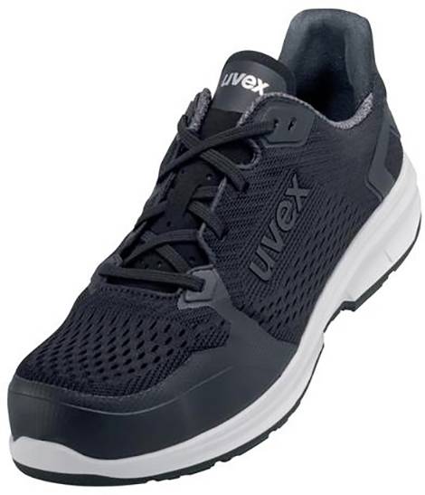 Une chaussure de sport noire avec une semelle blanche et le nom de marque 'Uvex' visible sur le côté.