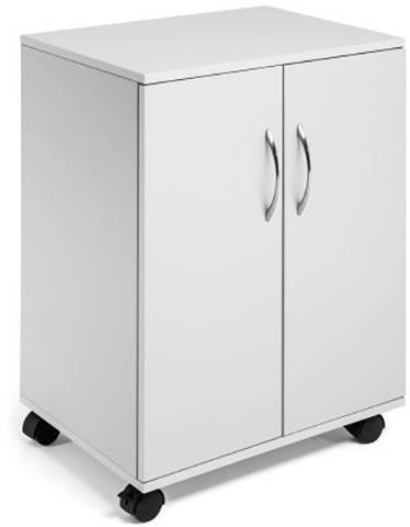 Armoire blanche sur roulettes avec deux portes et poignées argentées, adaptée au rangement de bureau ou de domicile.