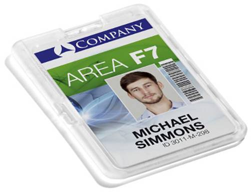 Badge d'employé avec photo d'un homme, logo de l'entreprise, texte 'AREA F7' et nom 'MICHAEL SIMMONS', ID '3011-M-298'.