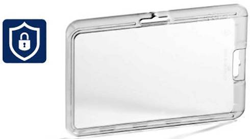 Étui transparent pour une carte d'identité ou une carte, à côté d'un symbole de sécurité avec un cadenas dans un bouclier.