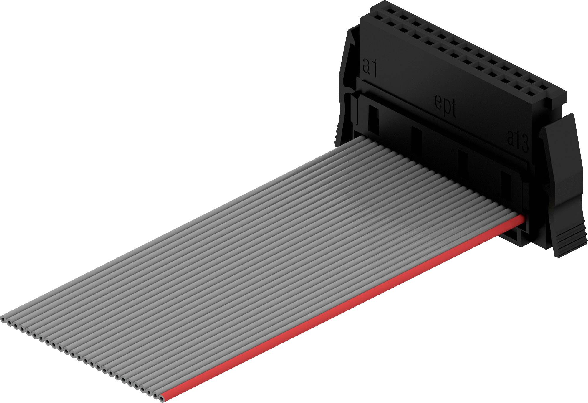 Câble plat avec connecteur IDC noir, utilisé pour la transmission de données dans les appareils électroniques.