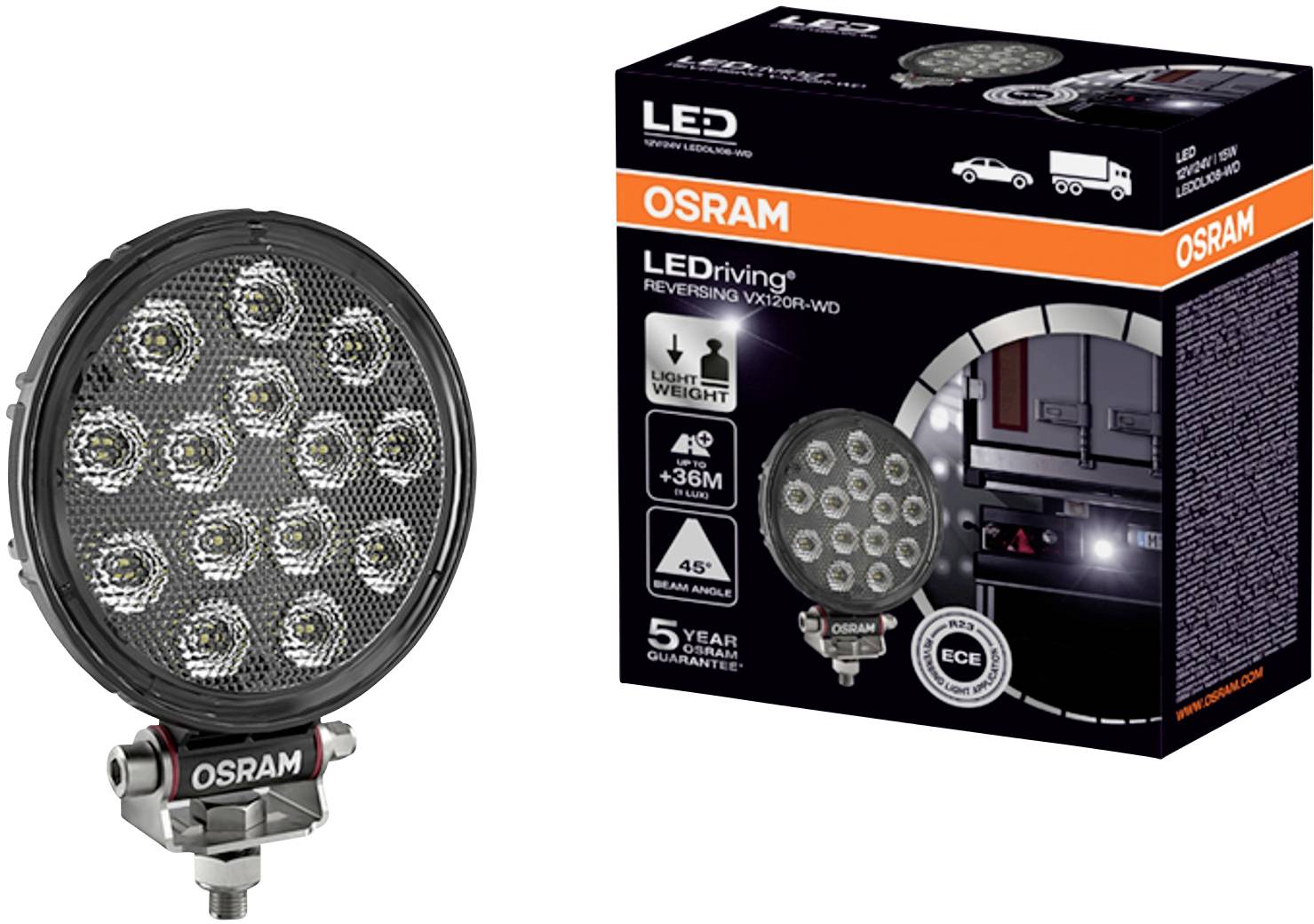 OSRAM Phare de recul 12 V, 24 V LEDriving Reversing VX 120R-WD, runder LED Rückfahrscheinwerfer LEDDL108-WD éclairage à large
