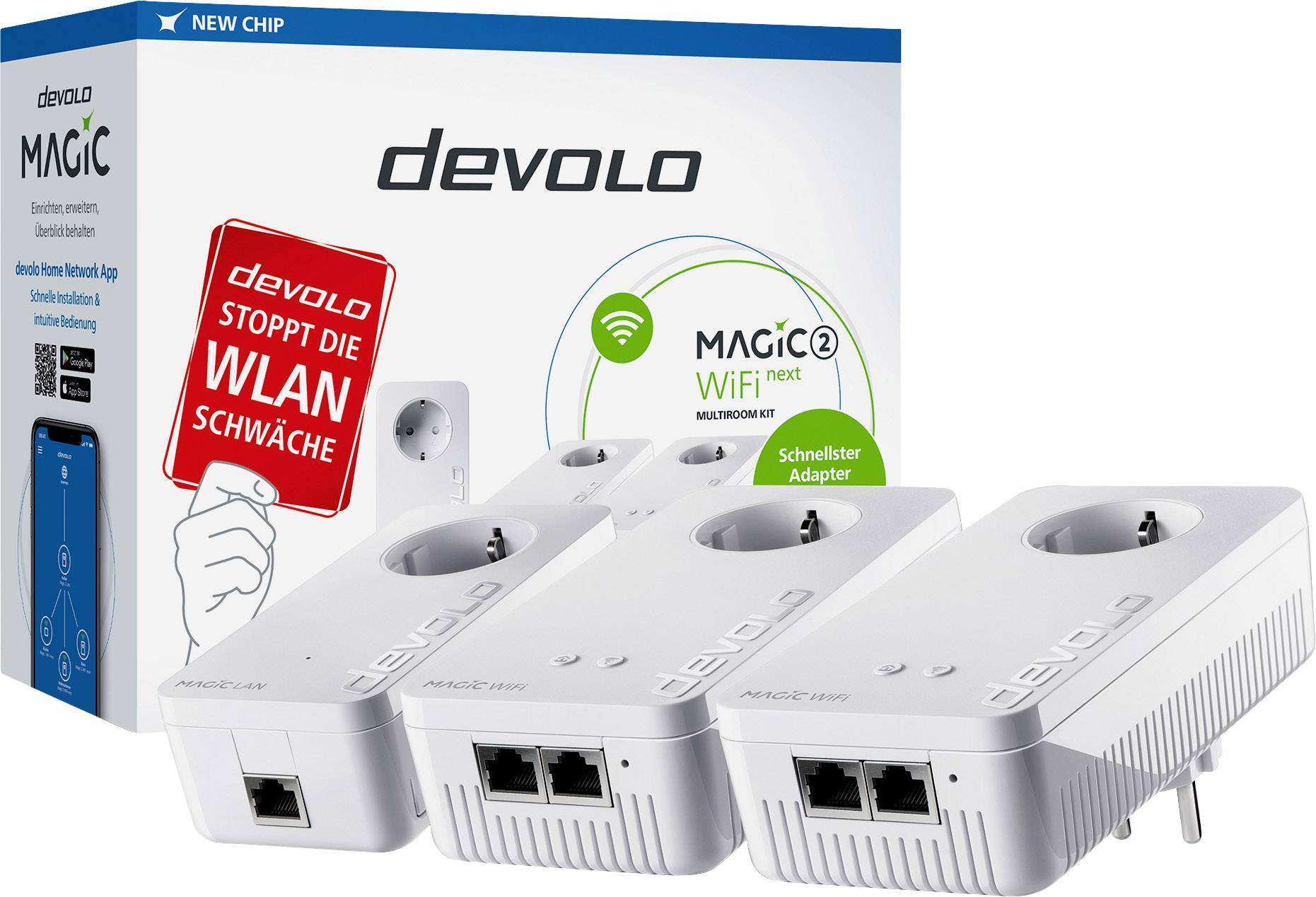 'Trois adaptateurs Wi-Fi blancs de devolo, modèle Magic 2, avec prises électriques et ports Ethernet, l'emballage en arrière-plan affiche le logo de la marque et le slogan 