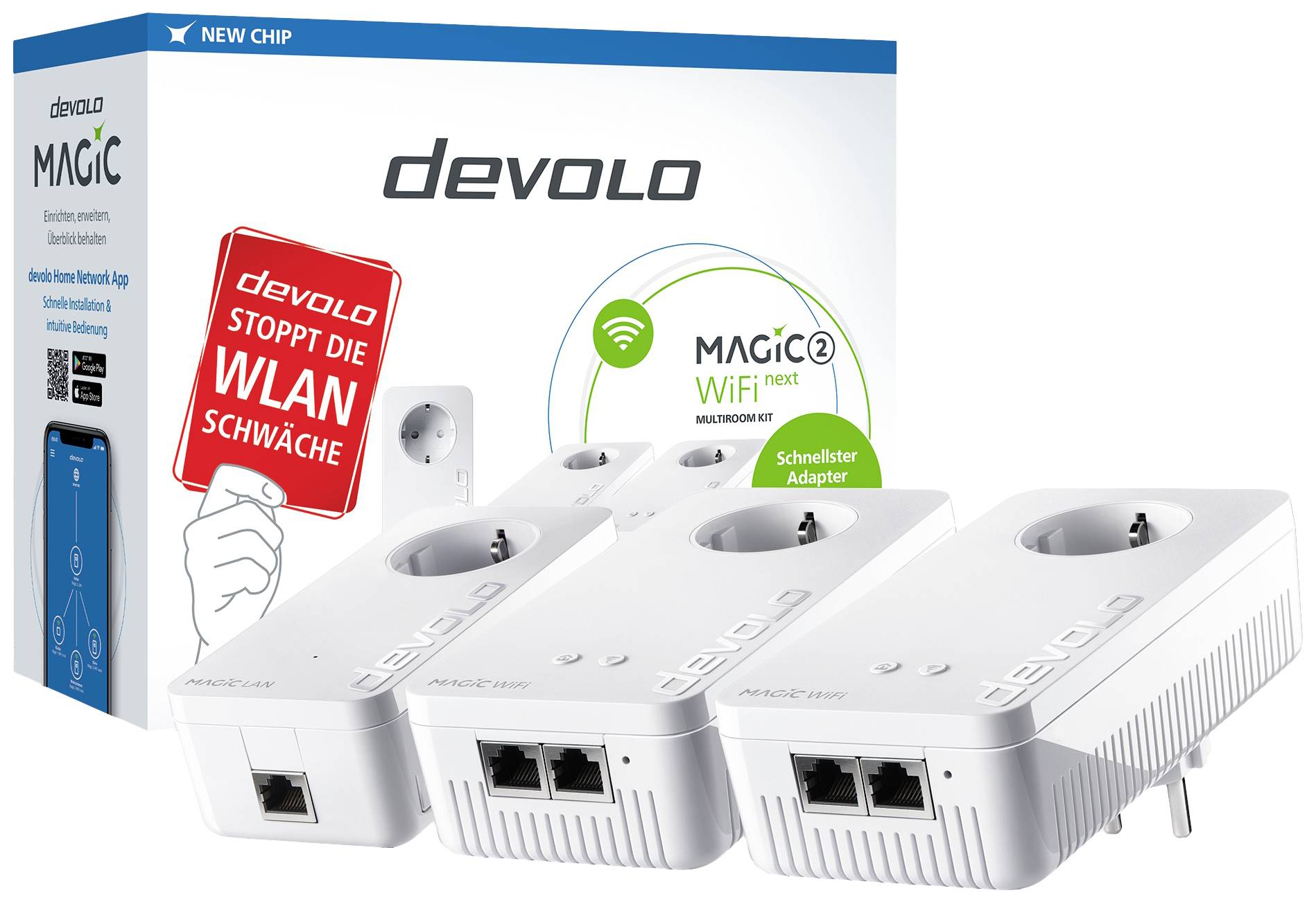 Adaptateur 'devolo Magic 2 WiFi next' avec technologie Powerline pour améliorer le signal WiFi, deux ports Ethernet par adaptateur.