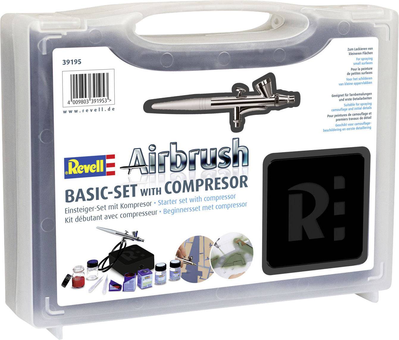 Valise en plastique avec ensemble de base Airbrush Revell. Comprend un pistolet aérographe, un compresseur et des accessoires pour la maquette.