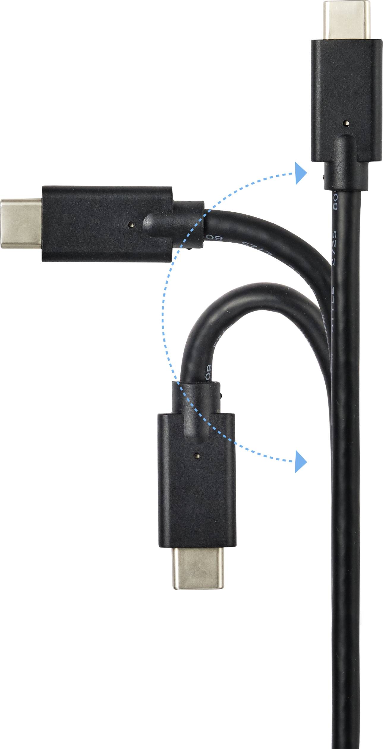 Un câble USB-C avec trois positions de connexion possibles, démontrant sa flexibilité d'utilisation. Des flèches bleues illustrent la direction du mouvement.