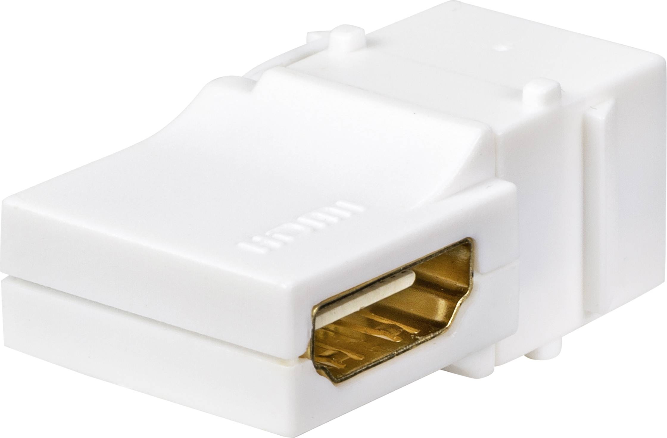Un adaptateur de couplage HDMI blanc avec prise HDMI, utilisable pour connecter deux câbles HDMI pour la transmission de signal.