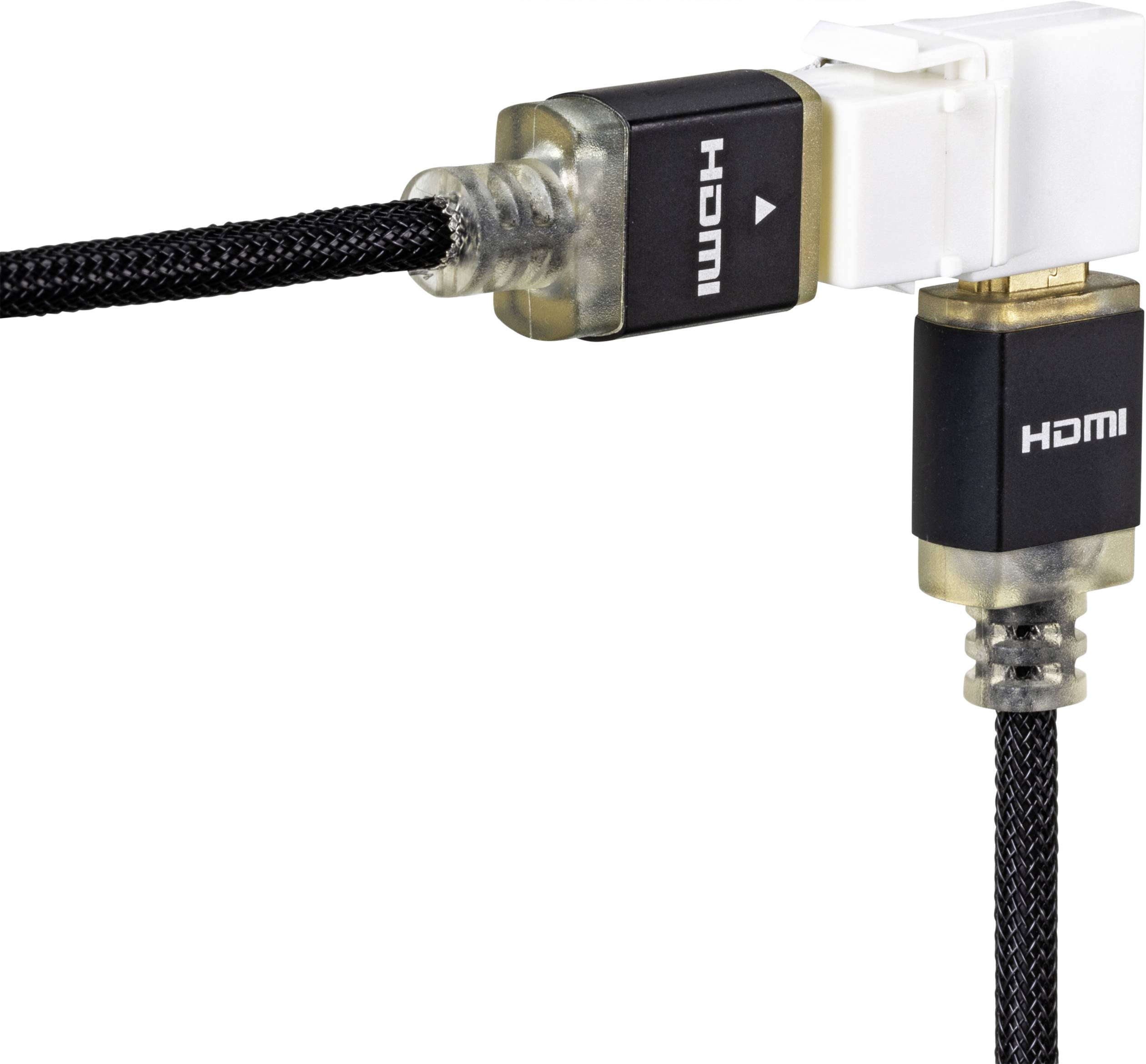 Deux câbles HDMI à tresse noire sont connectés à un adaptateur coudé blanc qui modifie l'orientation de 90 degrés.