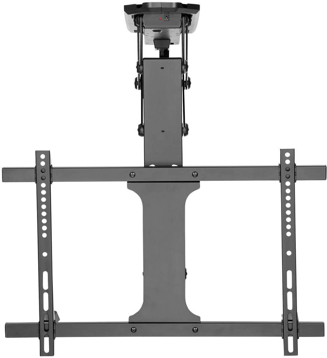 Support de plafond rectangulaire noir pour téléviseur, avec bras ajustable et trous de fixation, conçu pour installer un téléviseur au plafond.