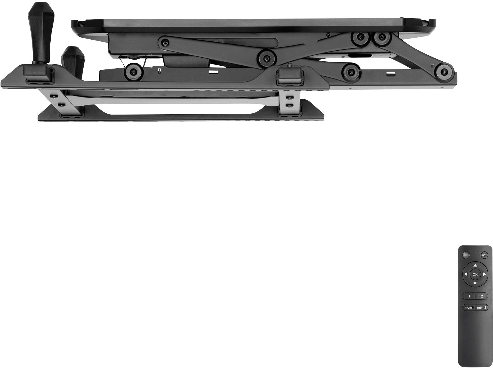 'SUPPORT MURAL TV PIVOTANT AVEC TÉLÉCOMMANDE.' Un support de télévision plié avec une télécommande en dessous.