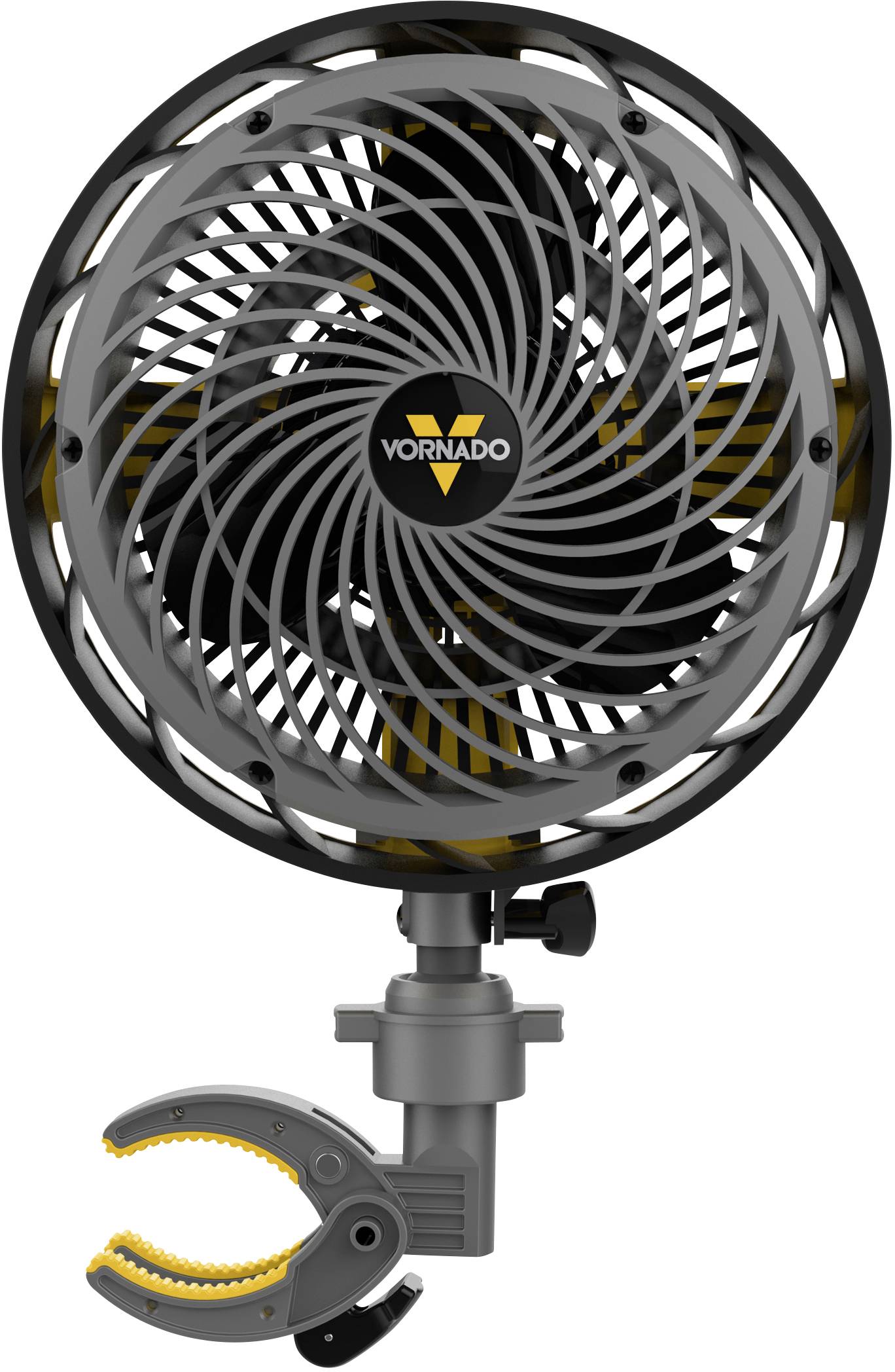Un ventilateur noir avec des accents jaunes, monté sur une pince grise. Marqué 'Vornado' au centre.