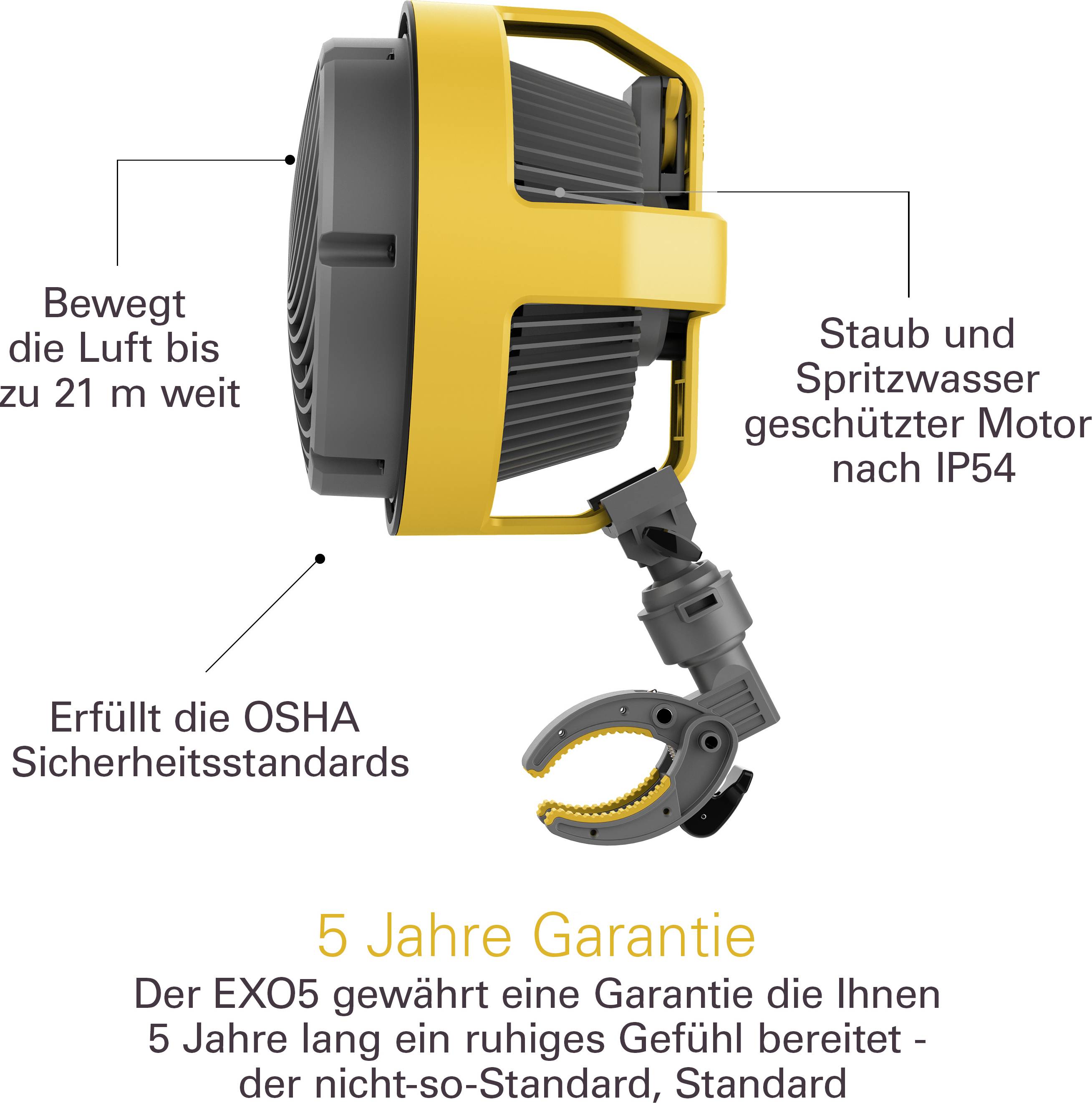 Ventilateur avec boîtier jaune, déplace l'air jusqu'à 21 m. Moteur conforme à la norme IP54, protégé contre la poussière et les projections d'eau. Répond aux normes de sécurité OSHA. Garantie de 5 ans.