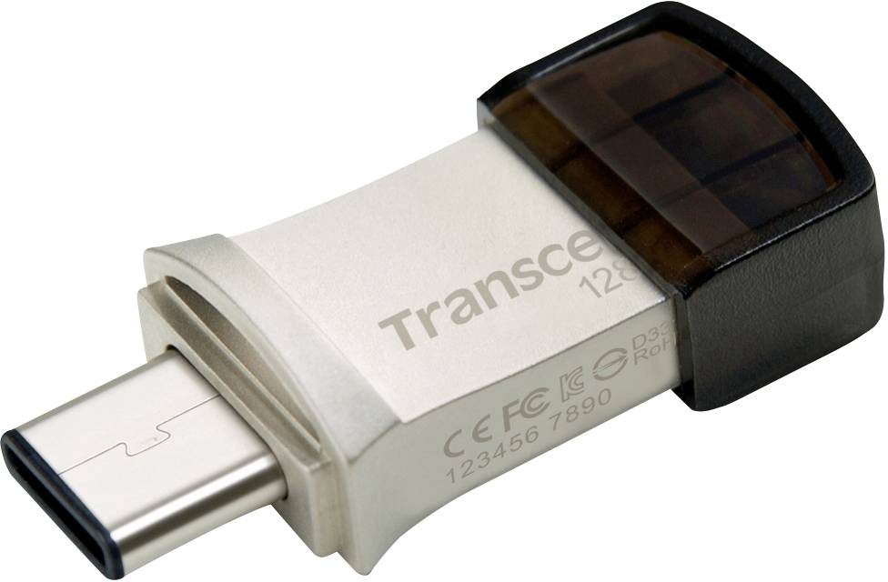 Une clé USB-C avec boîtier métallique et extrémité en plastique noir, portant l'inscription « Transcend 128 Go », montre la face avant de la clé.