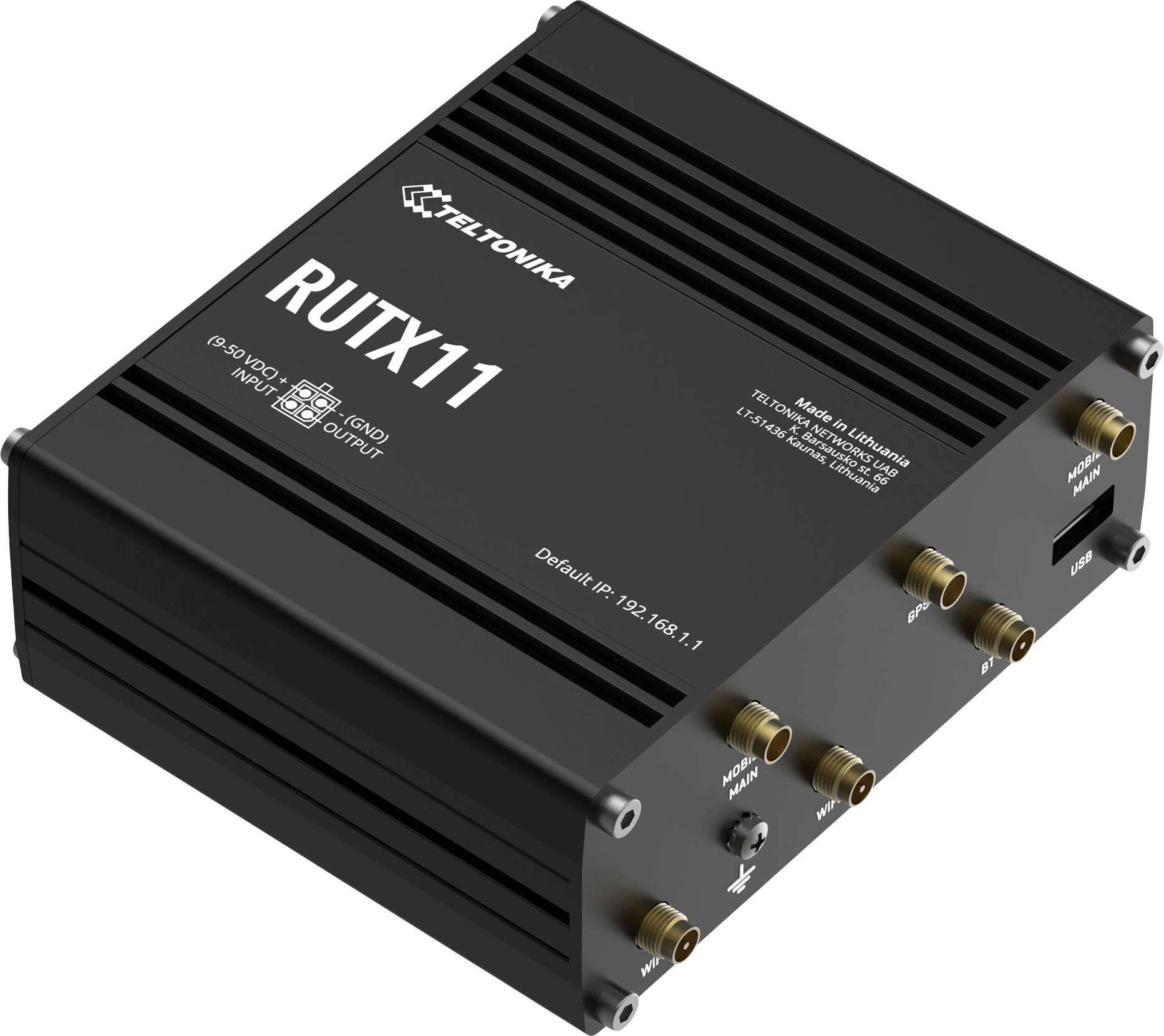 Routeur industriel noir Teltonika RUTX11 avec plusieurs ports d'antenne et ports Ethernet/USB sur un fond blanc.