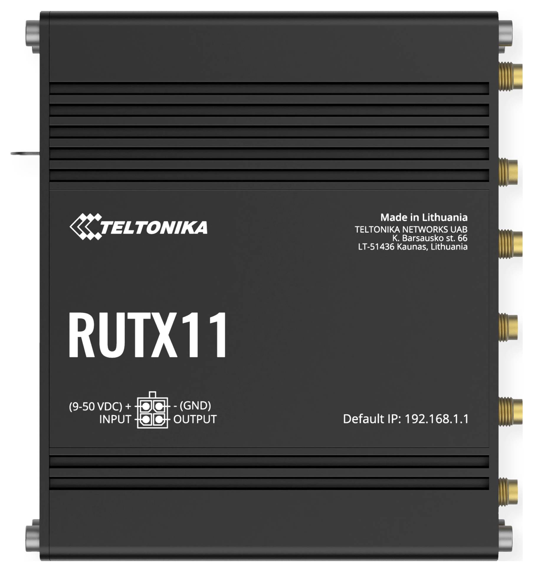 Black Teltonika RUTX11 industrial router with labeled antenna and power ports, showing default IP 192.168.1.1 and input/output markings.
