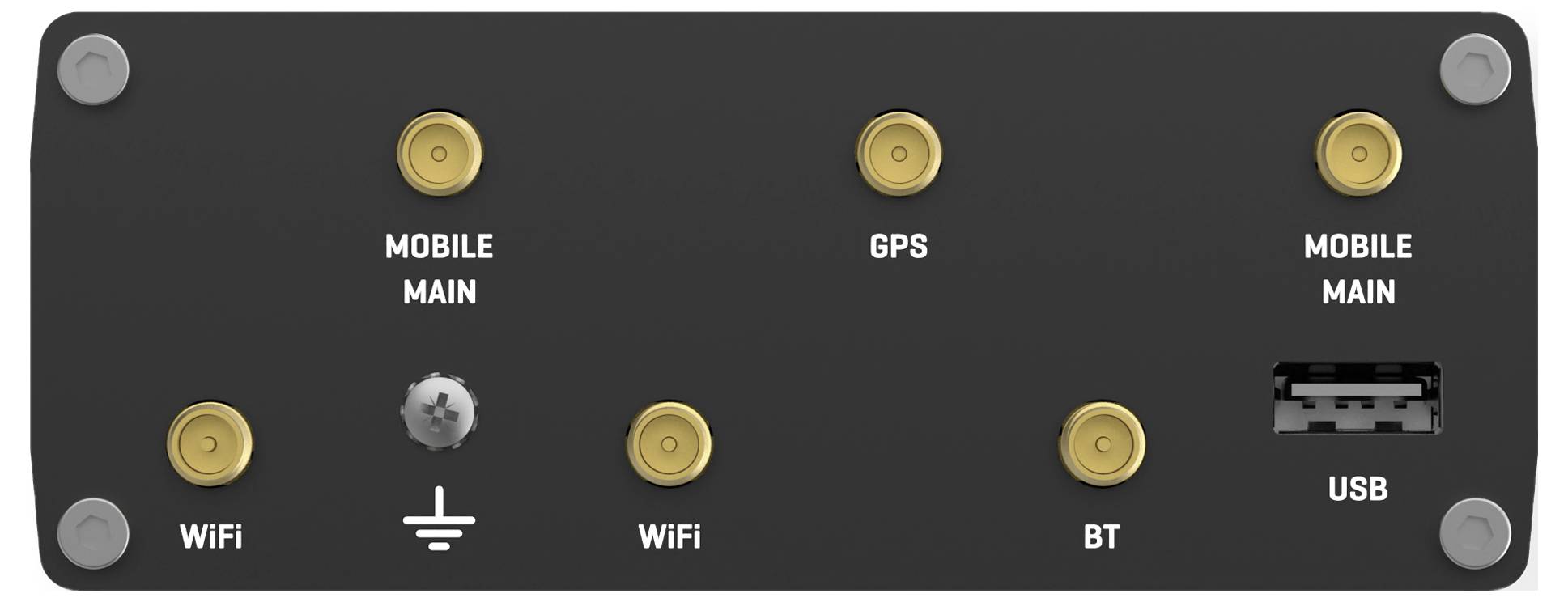 Black device panel with labeled ports and indicators: 'MOBILE MAIN', 'GPS', 'WiFi', 'BT', and 'USB', plus a grounding symbol.