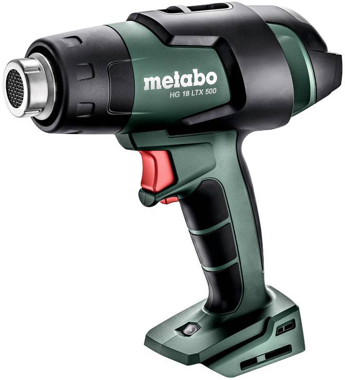 Un souffleur thermique Metabo, modèle HG 18 LTX 500, de couleur verte et noire avec un interrupteur rouge, sur fond blanc.