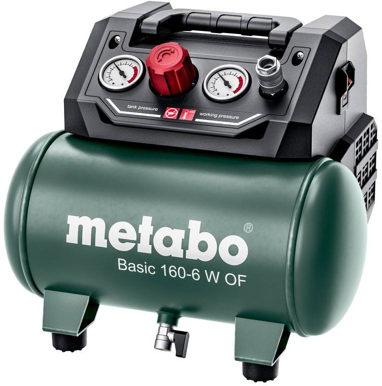 Compresseur d'air portable Metabo avec réservoir vert, manomètres en haut, bouton de commande rouge et poignée de transport.