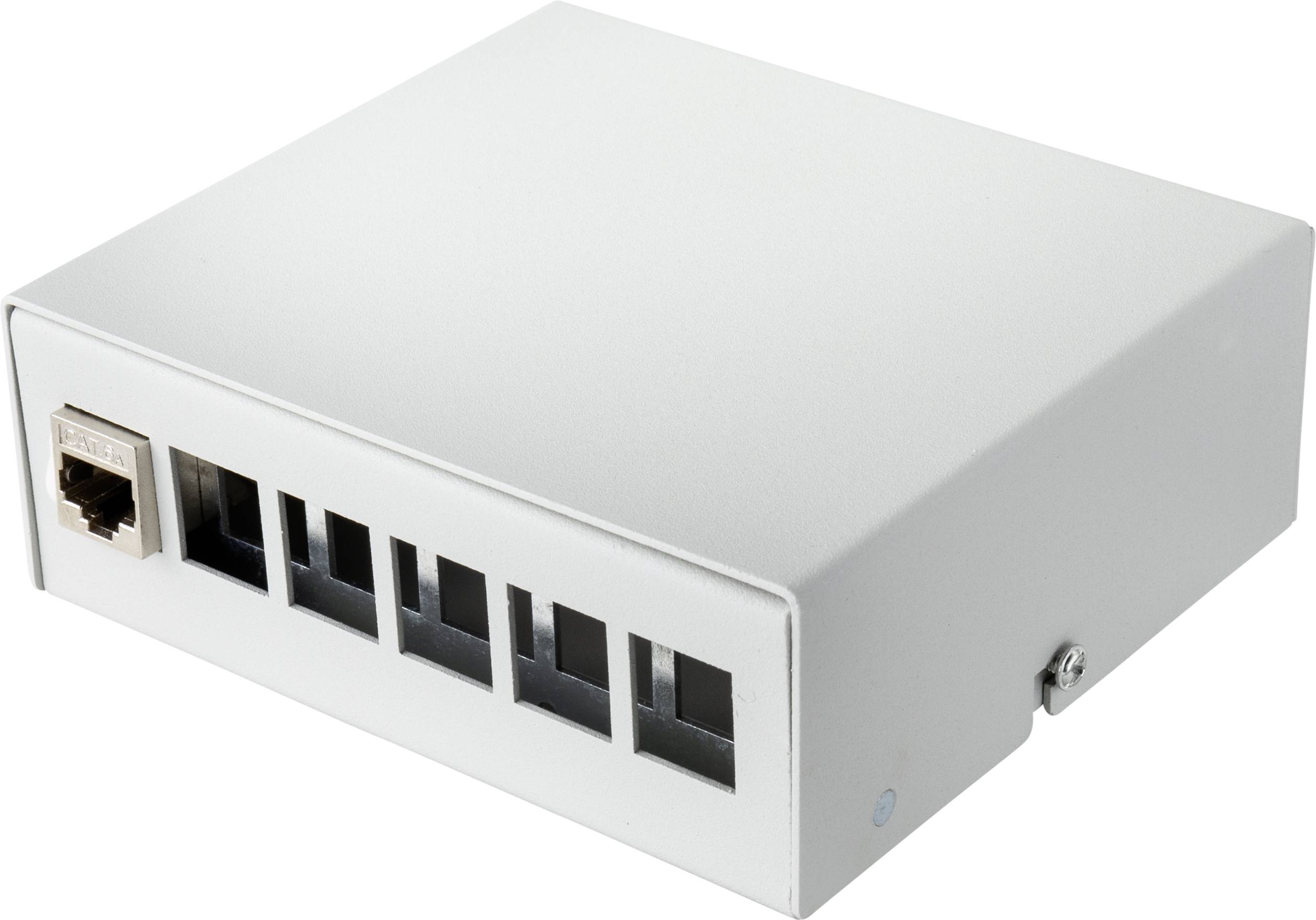 'Boîtier métallique pour panneau de brassage avec six ports, cinq vides et un équipé d'une connexion Ethernet.'