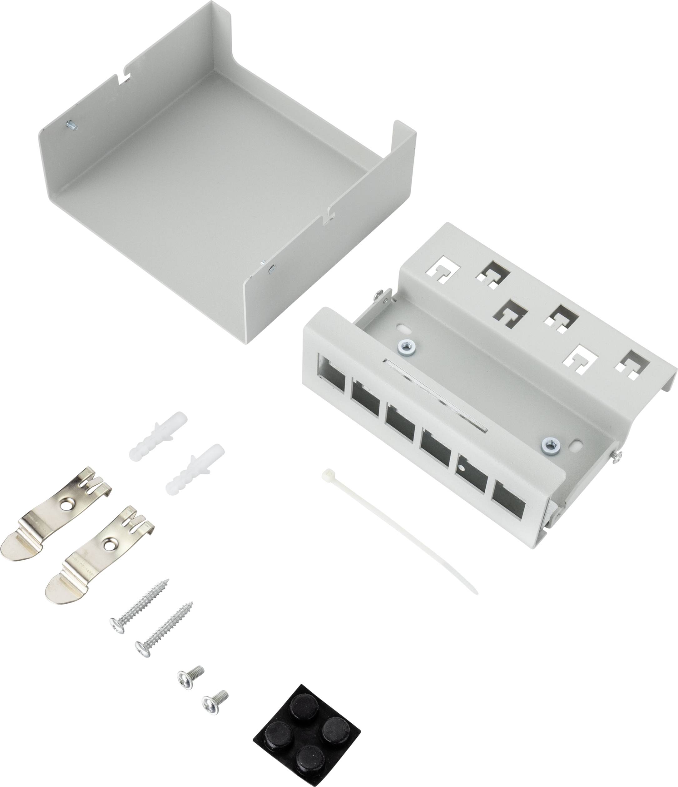 Ensemble de support modulaire Keystone pour réseau en gris, comprenant des pièces de boîtier, des vis, des chevilles, un clip, des attaches de câble et des pieds en caoutchouc.