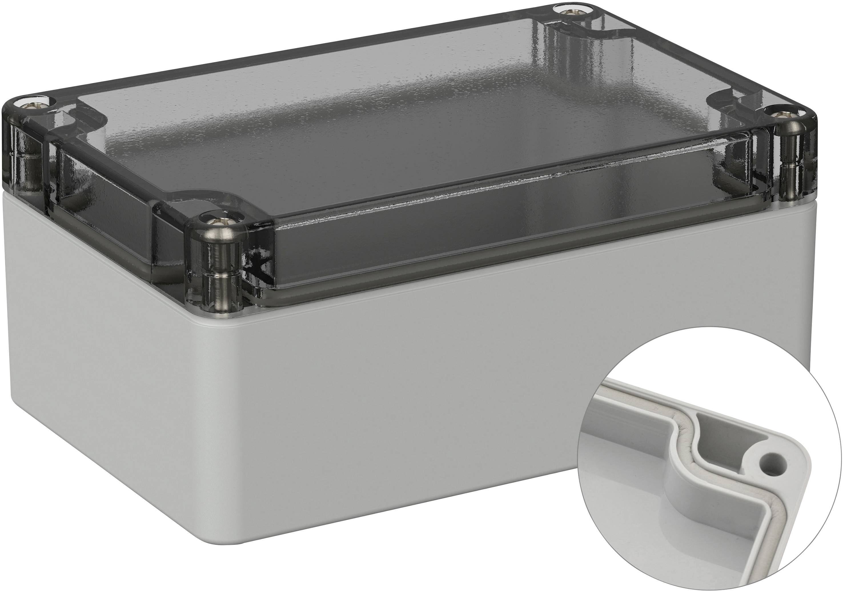 Boîtier en plastique gris avec couvercle transparent. En détail : un joint robuste révèle une construction étanche à l'eau.