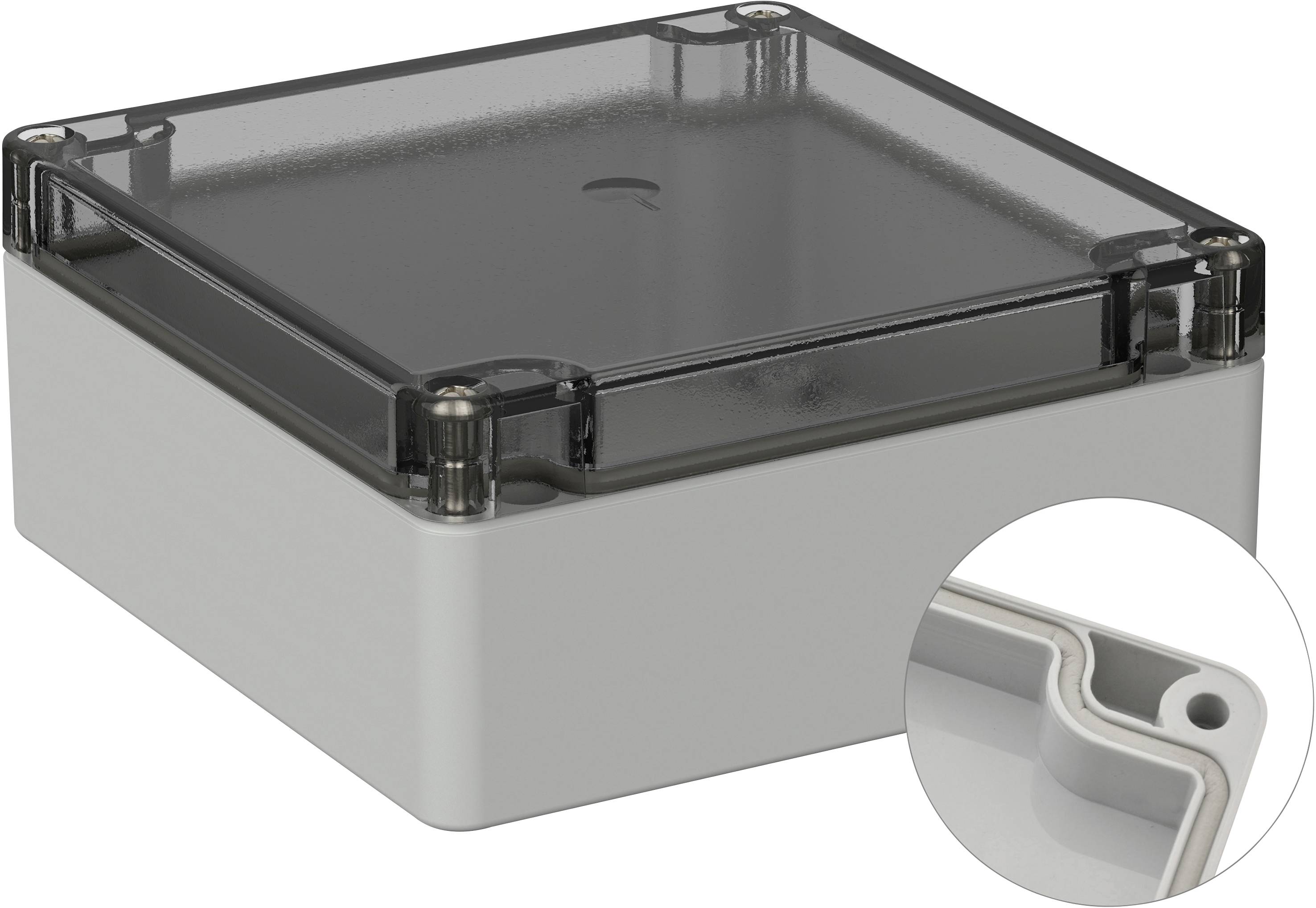 Une boîte en plastique grise avec un couvercle transparent, fixée par des vis. Un insert agrandi montre le verrouillage d'angle.