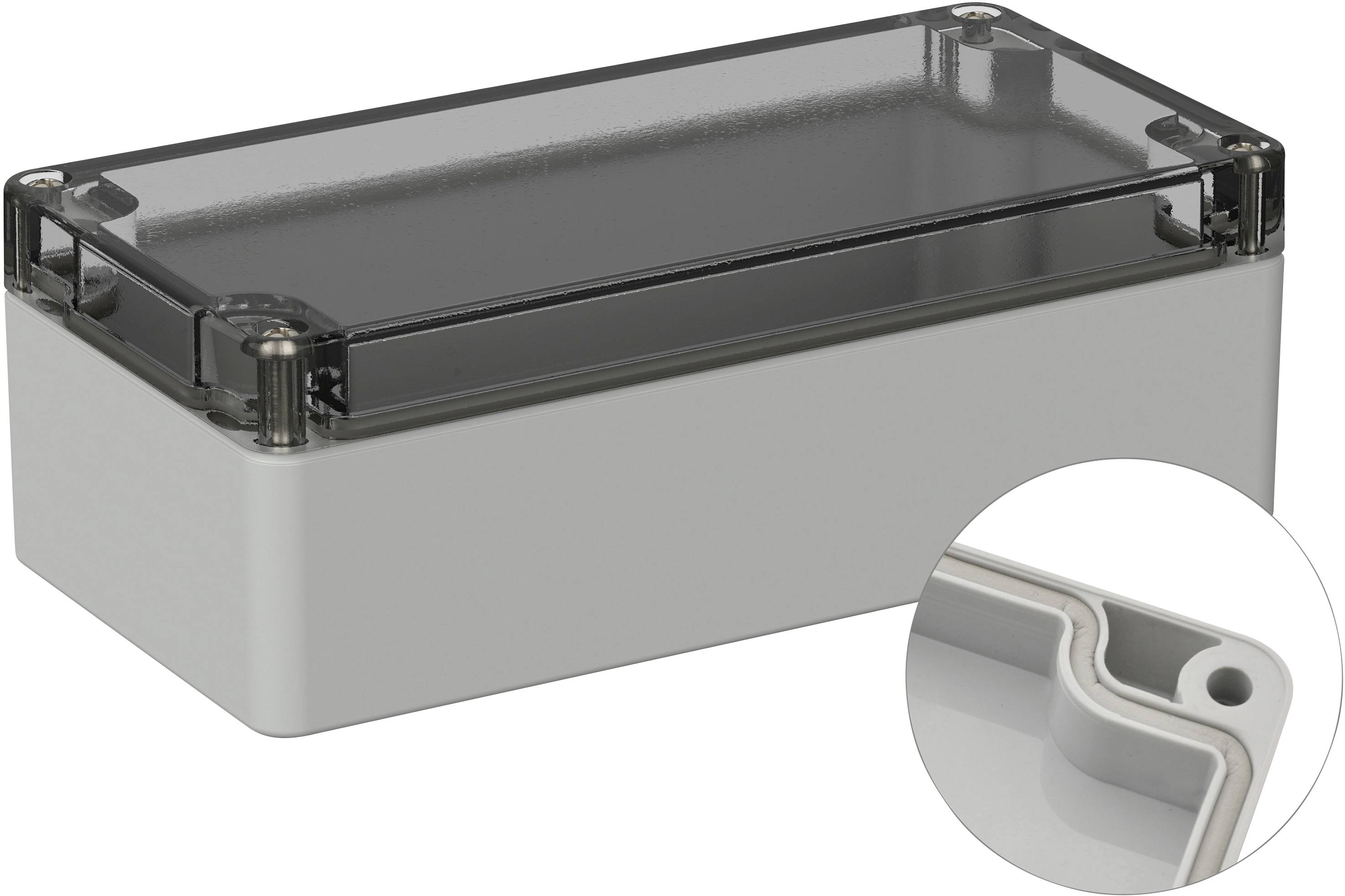 Une boîte en plastique grise rectangulaire avec un couvercle transparent. Un petit encart montre un gros plan de l'angle de la boîte.