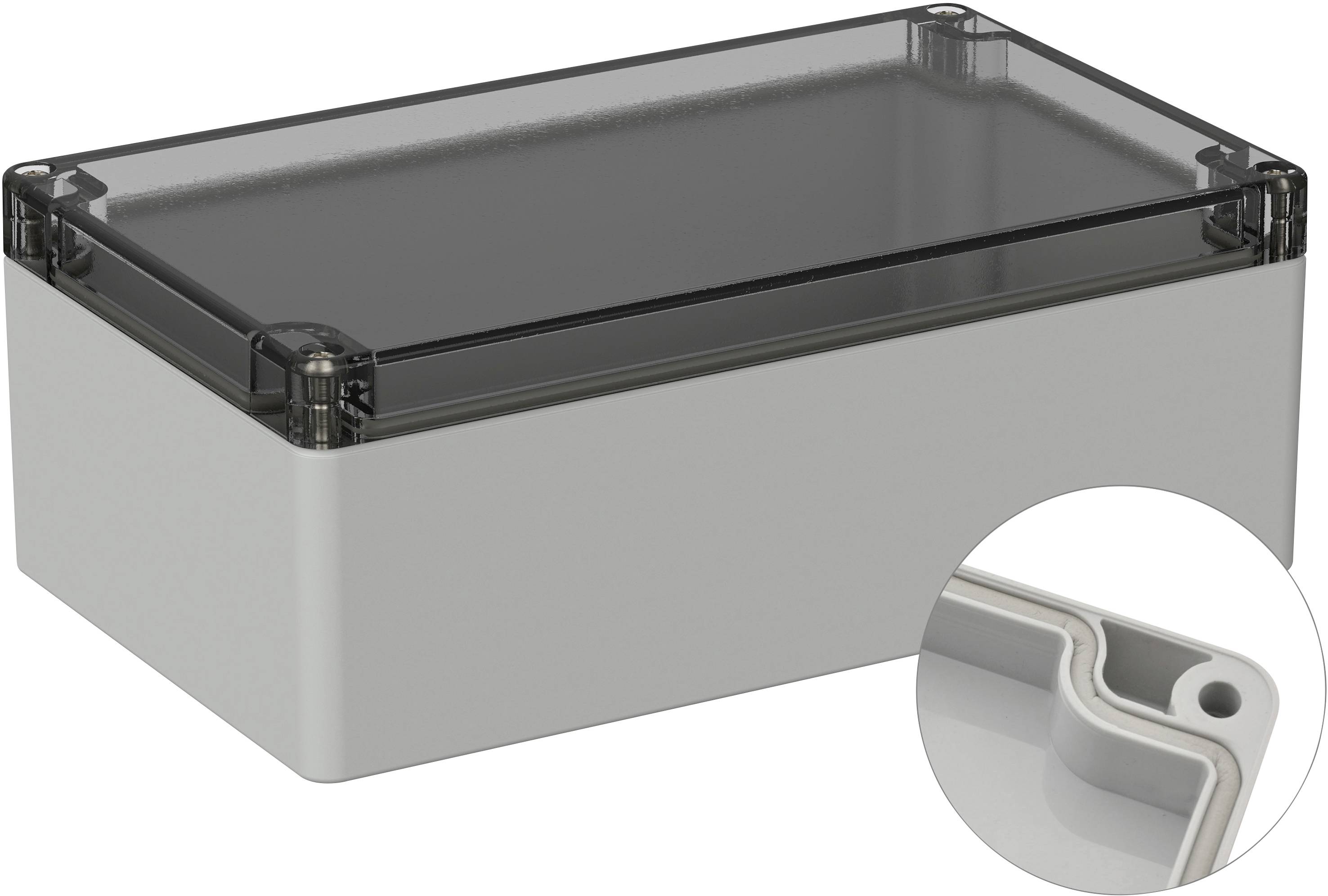 Boîtier rectangulaire avec couvercle transparent ; coins renforcés ; découpe montrant une vue détaillée du bord d'étanchéité.