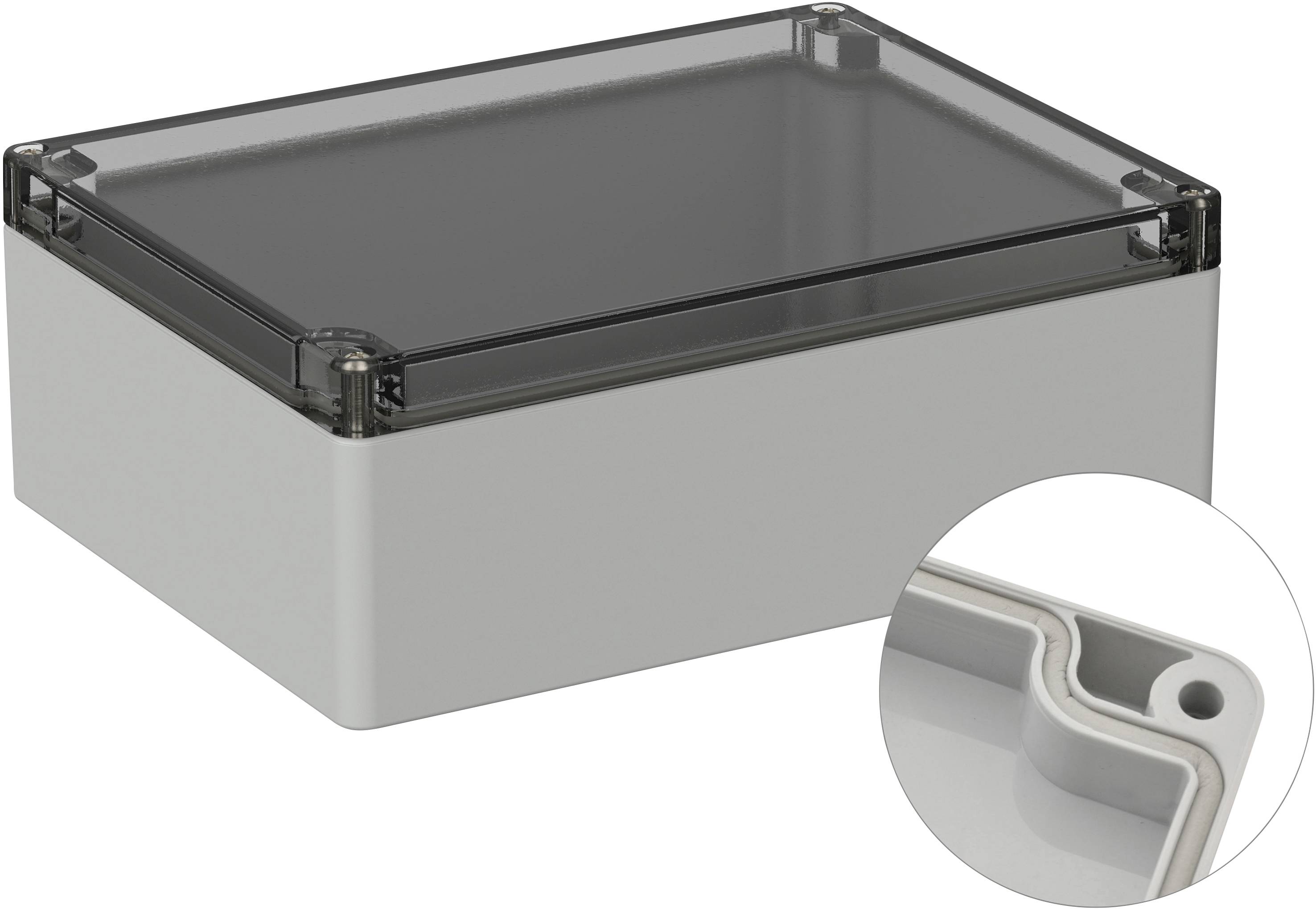 Boîtier électronique avec couvercle transparent et coins arrondis, vue détaillée montrant les ouvertures de fixation.