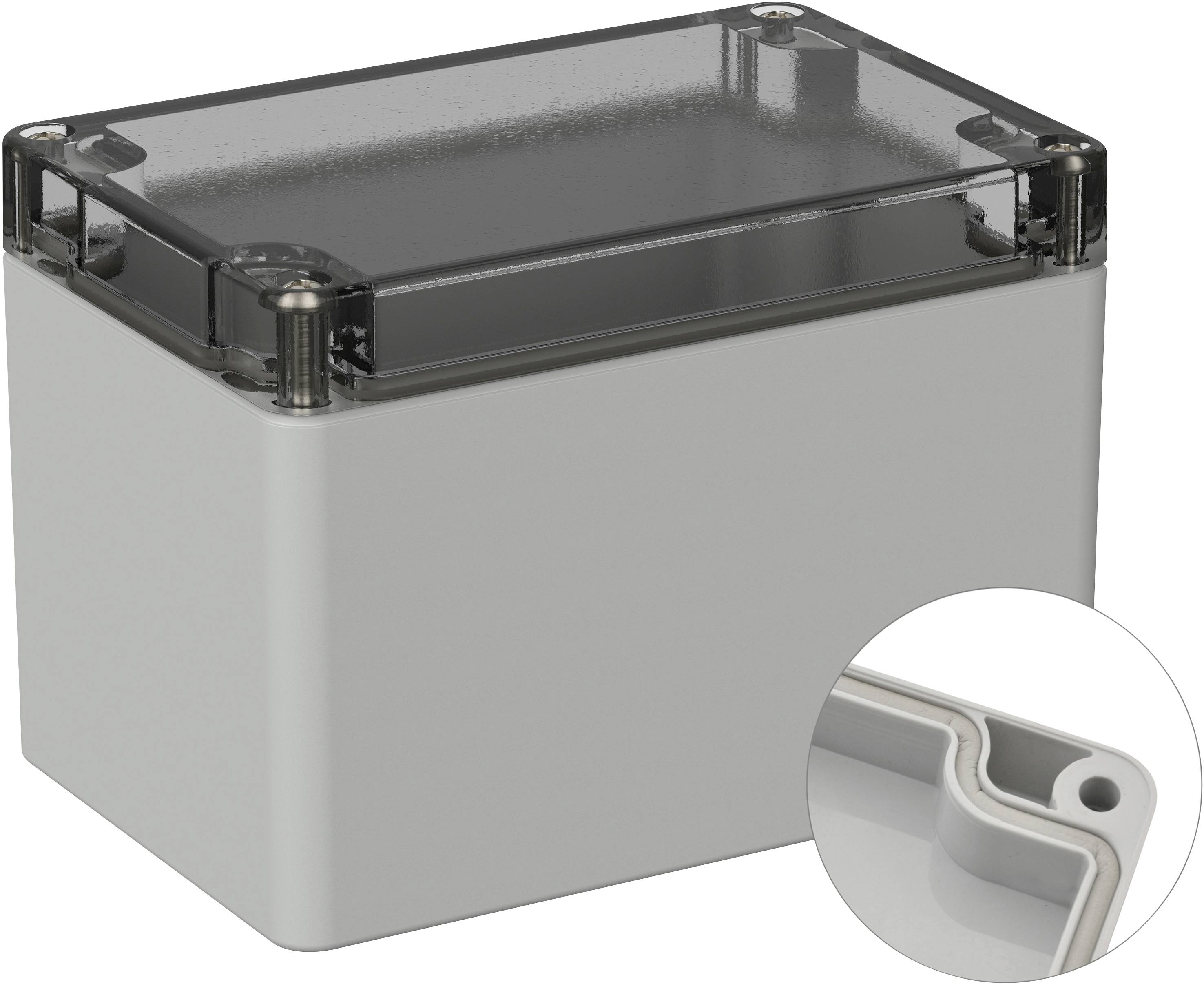 Boîtier rectangulaire en plastique avec couvercle transparent et coins arrondis ; un gros plan révèle le joint d'étanchéité à l'intérieur du boîtier.