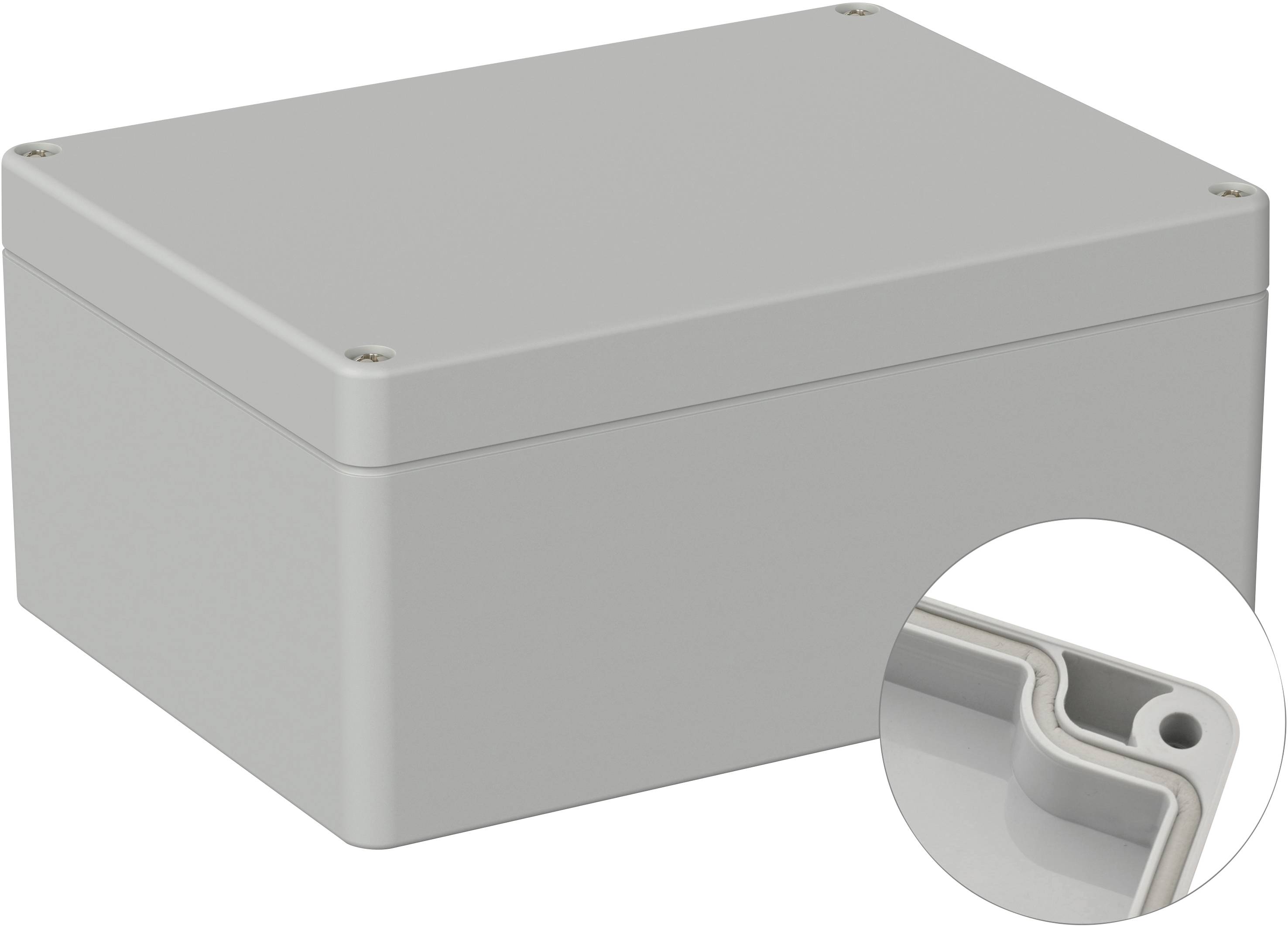 Boîtier gris rectangulaire avec couvercle amovible et angles arrondis. L'agrandissement montre le joint d'étanchéité périphérique.
