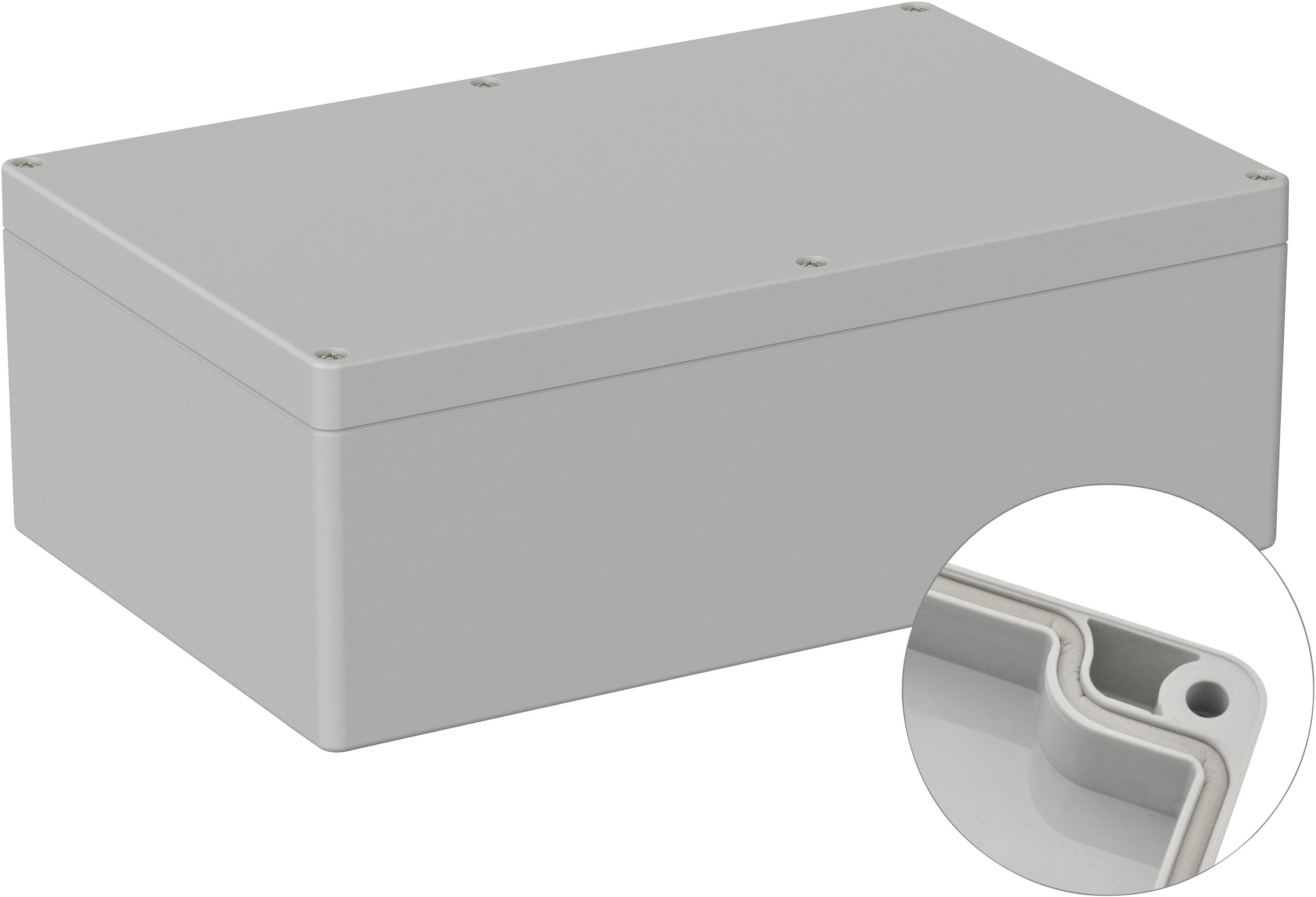 Boîtier rectangulaire gris avec couvercle amovible. La vue détaillée montre le joint d'étanchéité intérieur assurant une protection contre l'humidité.