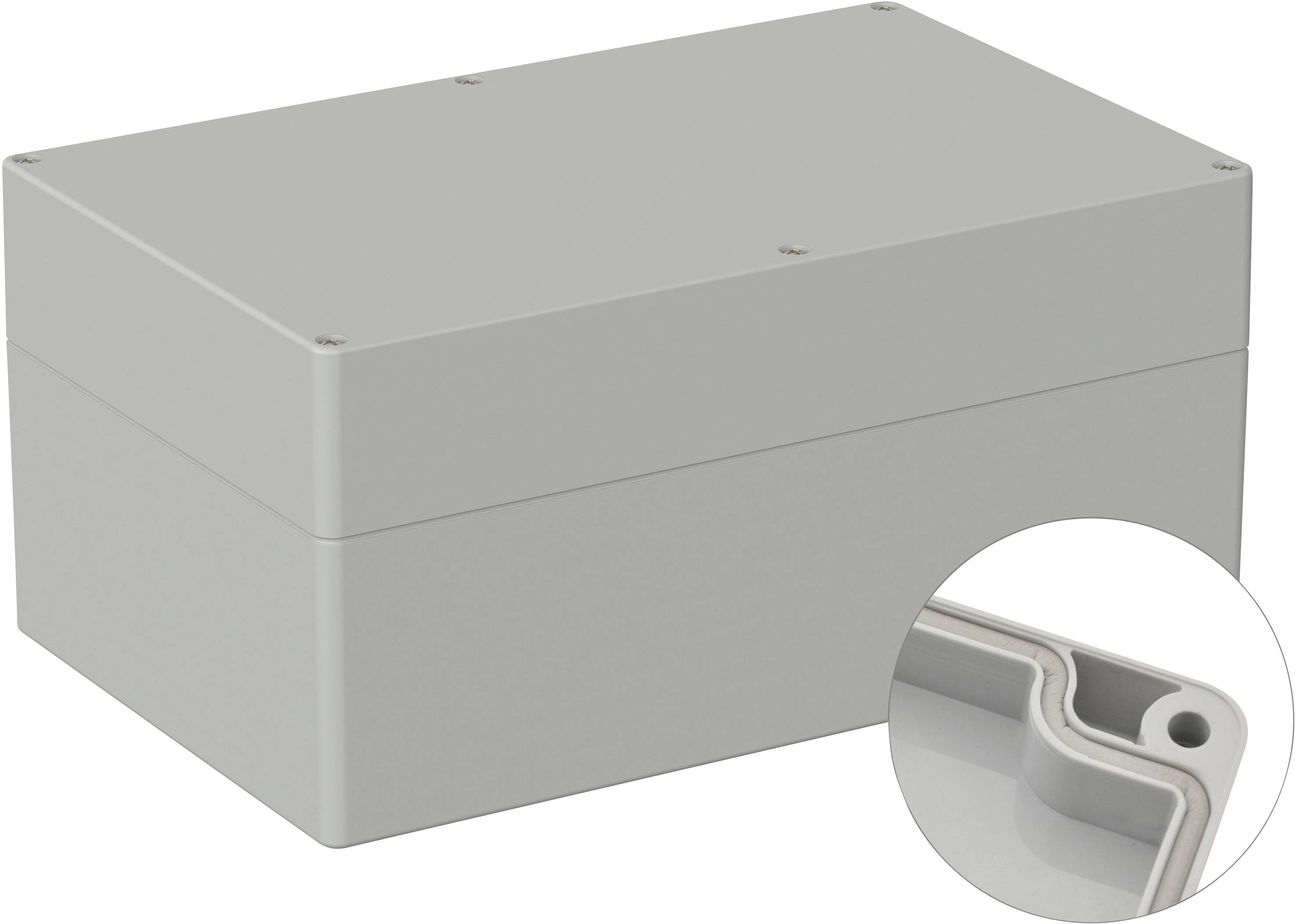 Un boîtier rectangulaire en plastique gris avec un couvercle amovible et un joint d'étanchéité circulaire visible en zoom. Adapté pour la protection électronique.