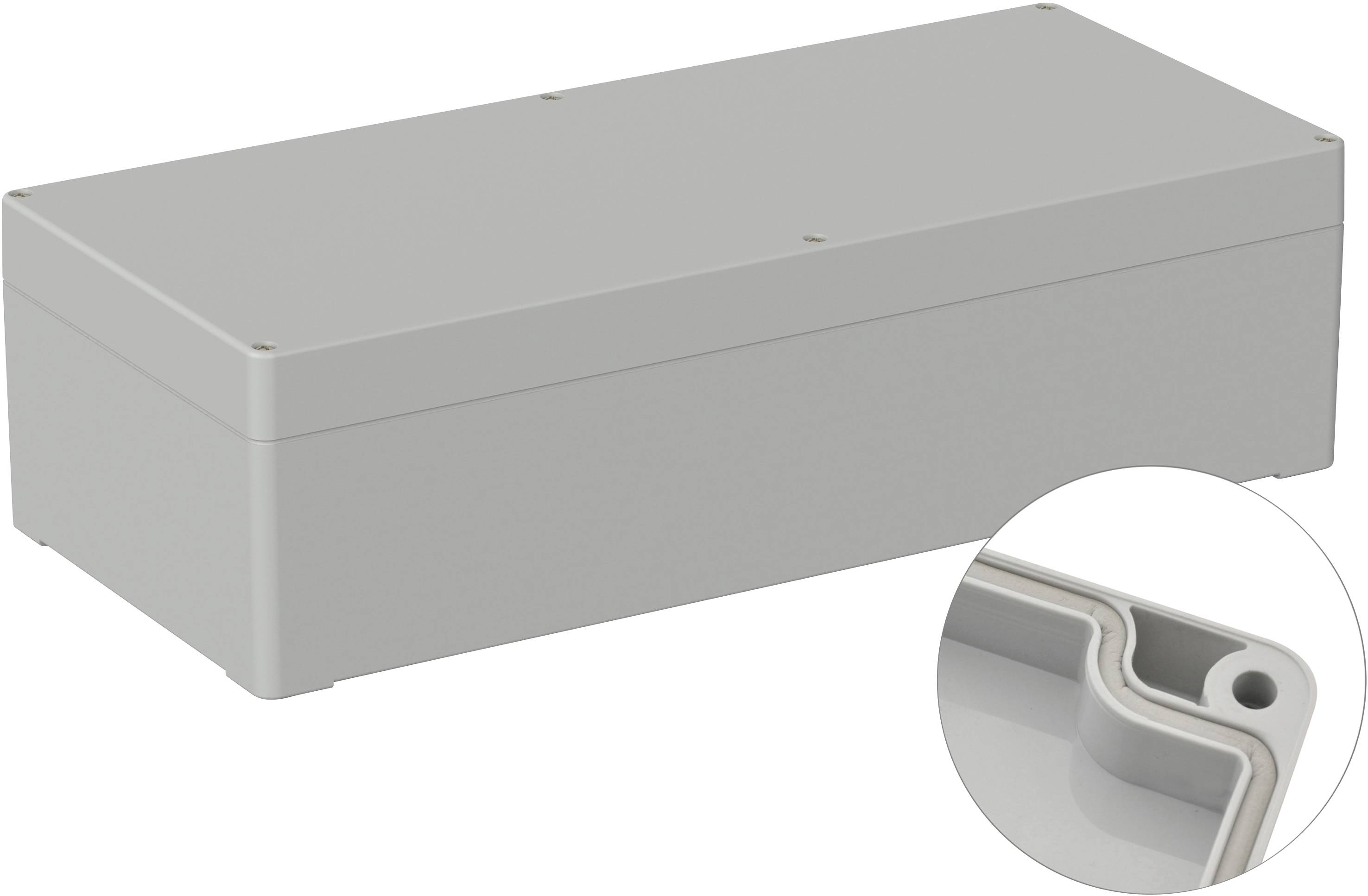 Boîtier rectangulaire gris, la vue détaillée montre la structure interne avec le point de fixation de la vis.