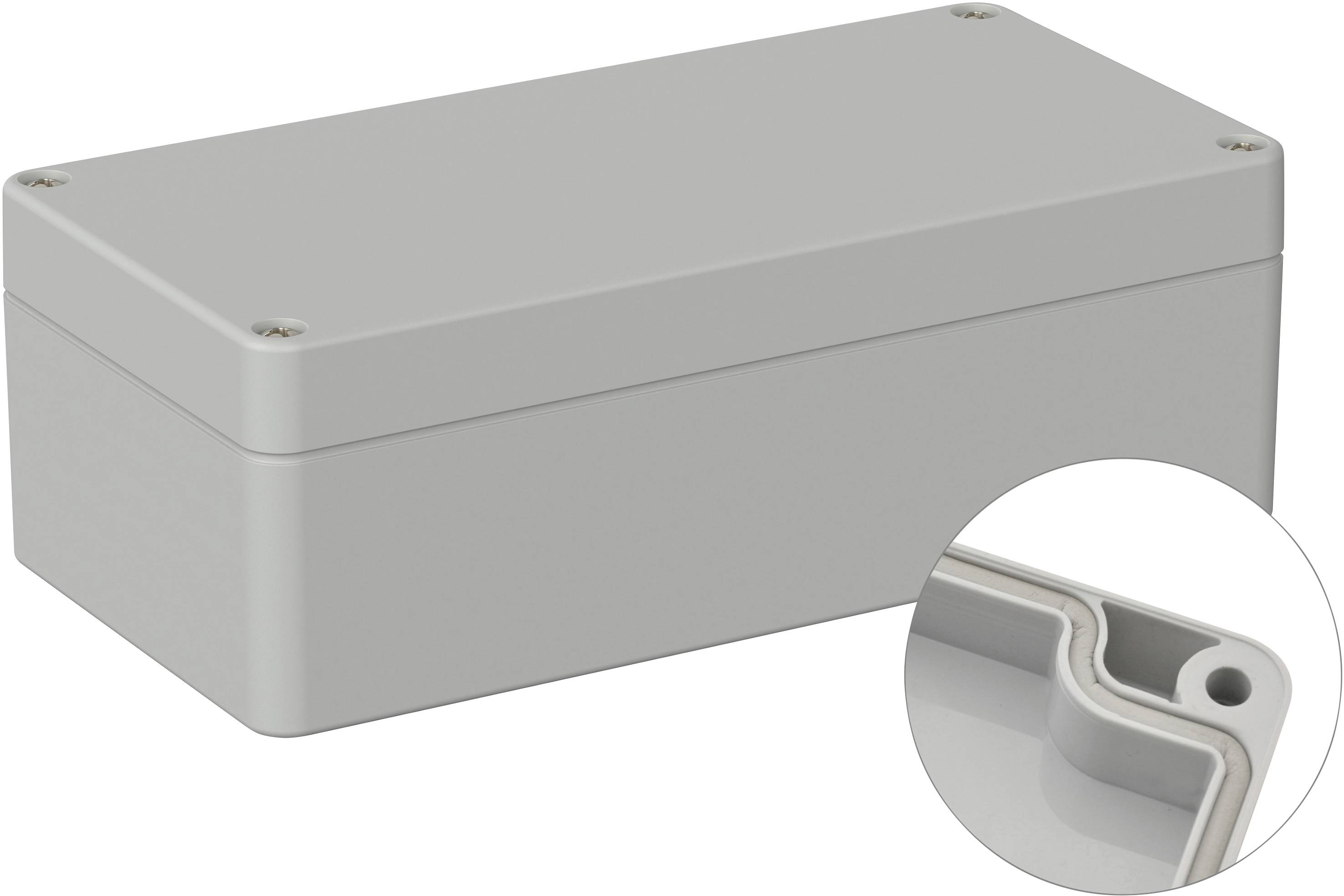 Une boîte rectangulaire grise avec un gros plan montrant l'intérieur et les vis de fixation.